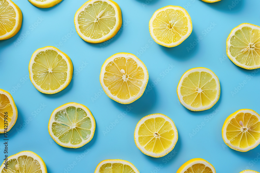 Pattern of ripe lemon slices on blue background