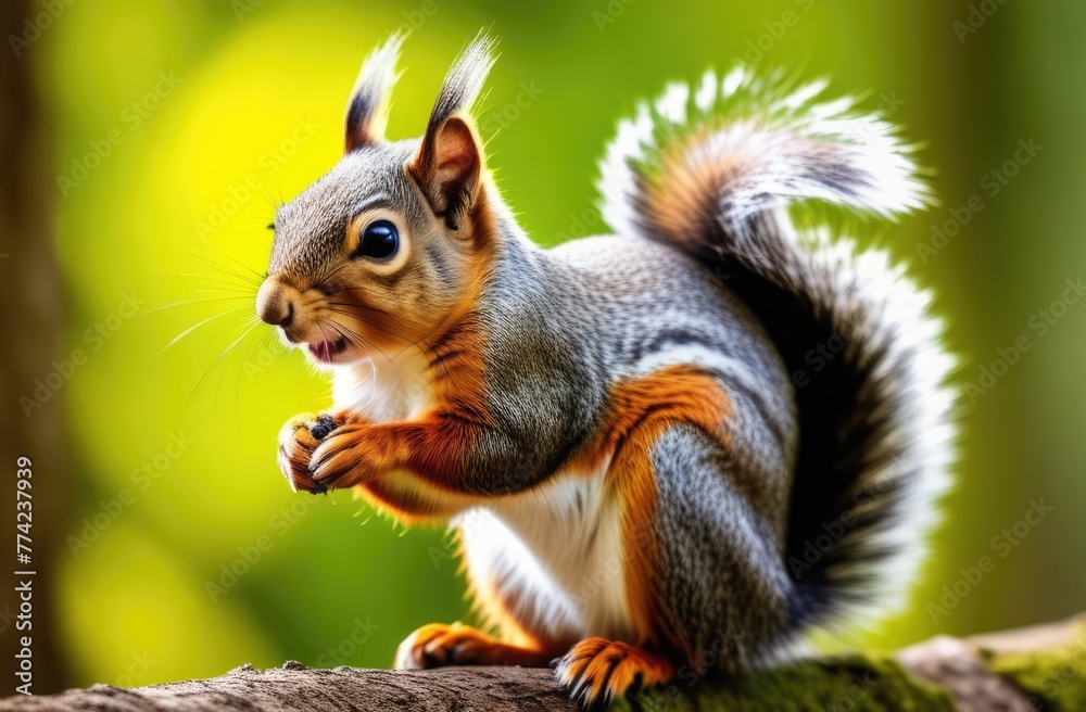 Obraz premium Close-up. Squirrel sitting on a tree in the forest