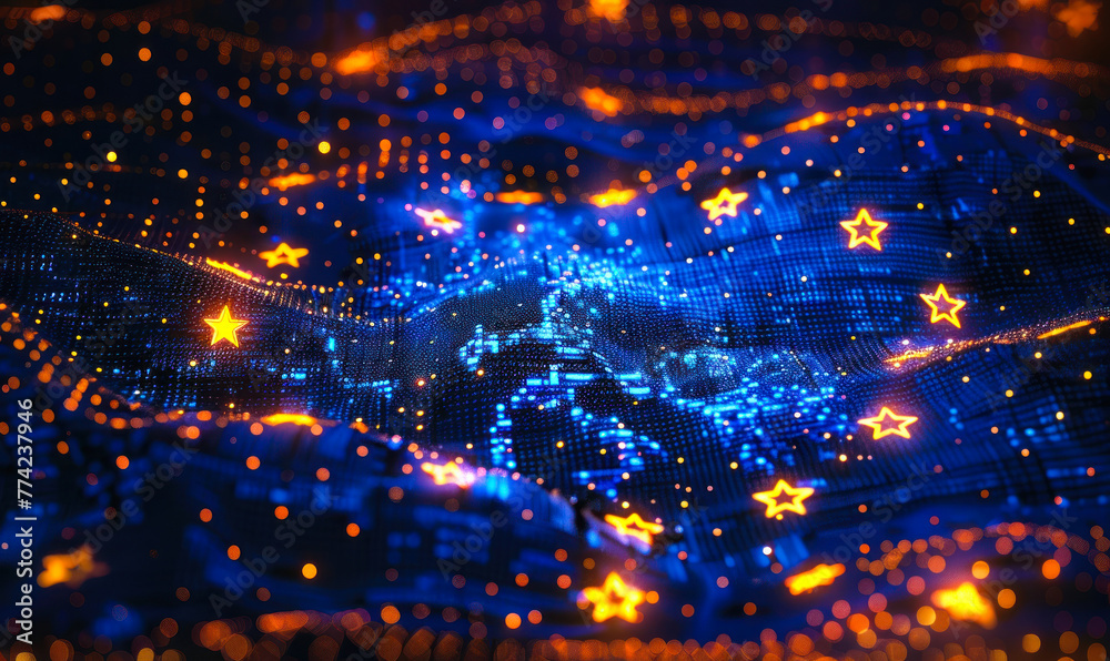 Fototapeta premium Shimmering European Union flag made of abstract flowing blue particles and golden stars, representing digital connectivity, innovation and unity across Europe in the cyber age