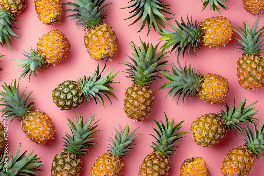 Pattern of ripe pineapples on pink background Pattern of ripe pineapples on pink background