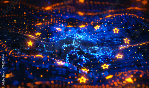 Shimmering European Union flag made of abstract flowing blue particles and golden stars  representing digital connectivity  innovation and unity across Europe in the cyber age