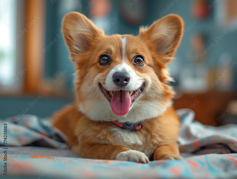 Cheerful corgi dog lounging on bed, dog photography with shallow depth of field