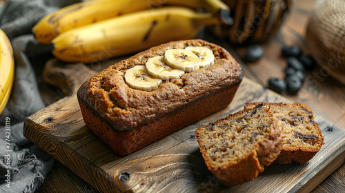 National Banana Day, banana bread on wooden table top, art can be used for printings, menu cards, promotions, advertising, background, brochure, banners, and social media. photo