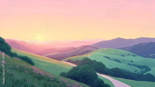 Sunset Pastel Hills Serene Landscape Tranquil Nature Scenic Beauty