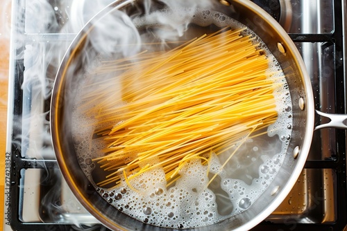 Flat lay of spaghetti cooking in boiling water