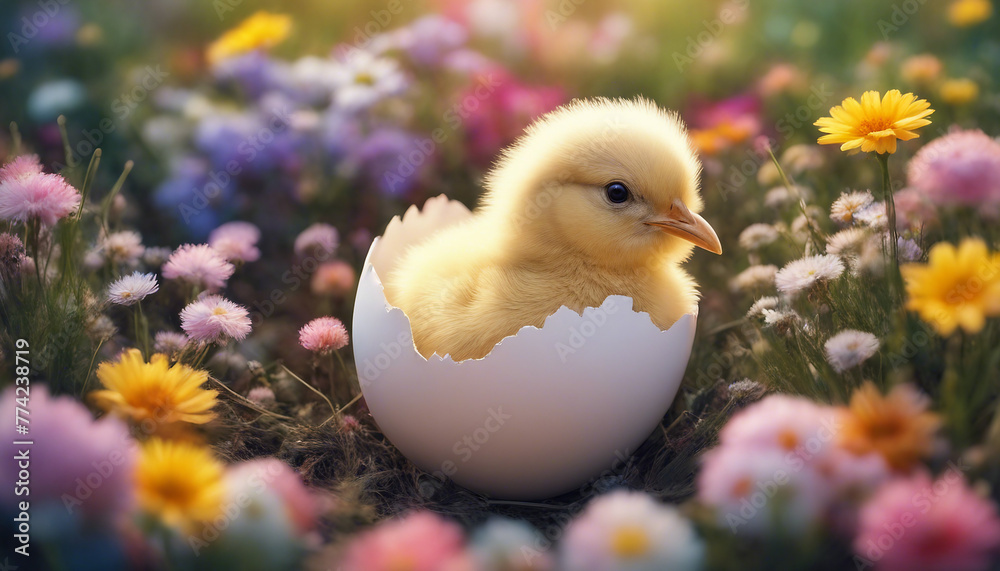 A Chick's First Glimpse: Hatching in a Field of Flowers
