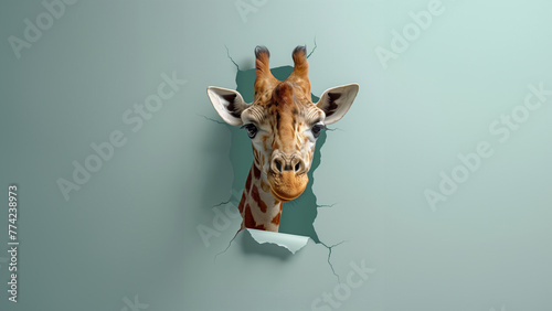 Curious giraffe peeking out of the hole, a cute giraffe sticking its head out of a wall crack hole, pastel blue background with copy space for text photo