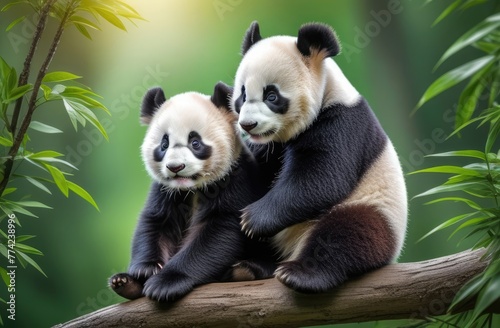 Two panda cubs sitting on a tree branch near the bamboo