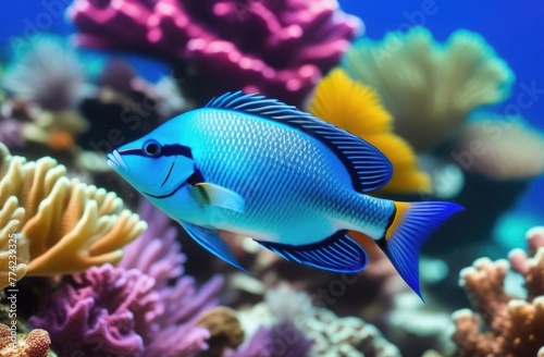 Close-up. A blue fish with yellow stripes swims past the corals © Krystsina