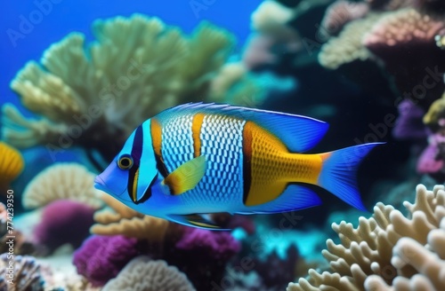 A blue fish with yellow stripes swims past the corals