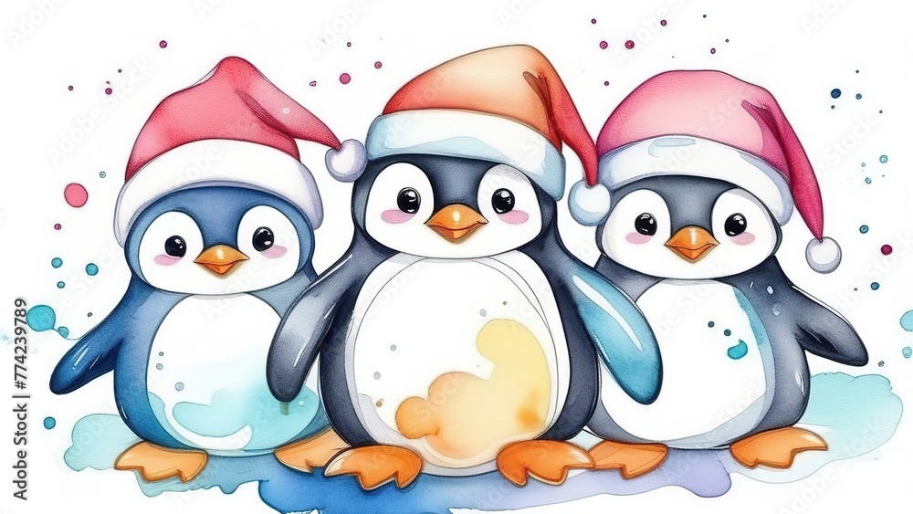 Cute penguins in red santa claus hats, christmas and new year concept
