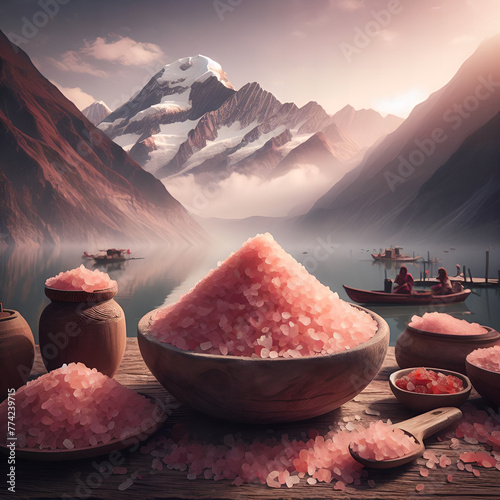 A Serene Himalayan Salt Harvest at the Foot of Majestic Snow-Capped Peaks