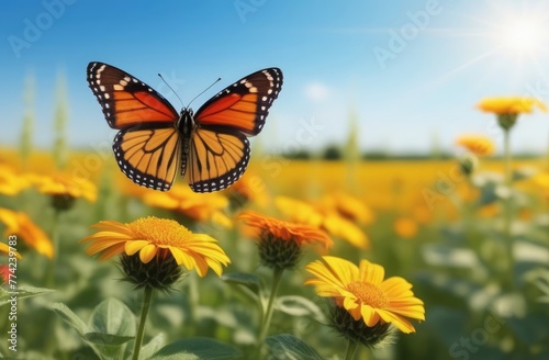 Close-up. A butterfly flies over flowers in a sunny meadow