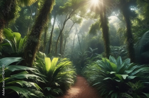 Wild green jungle in the sun's rays