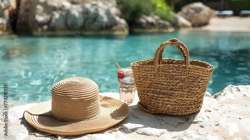 A straw hat, a drink, and a bag are placed by the pool.