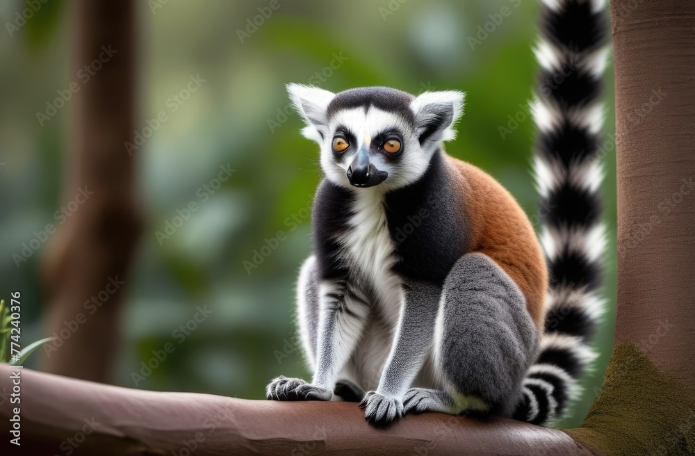 Close-up. Lemur sits on a tree. Lemur in the wild