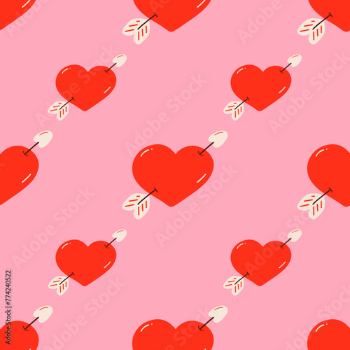 A playful and romantic seamless pattern. Vibrant red love hearts with adorable arrows of a soft pink background. Ideal for festive occasions or thematic designs.
