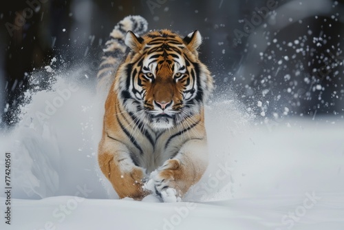 Siberian Tiger running in snow