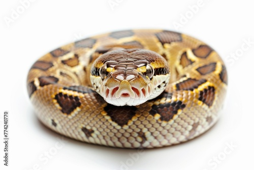 Snake or python curled head forward looking straight Isolated on solid white background