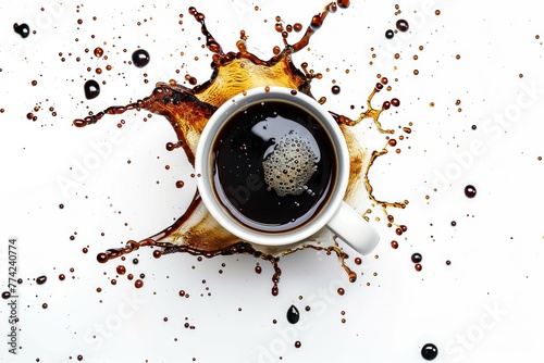 Splashing black coffee from white cup isolated on white background
