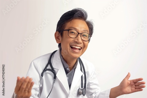 Joyful Asian Doctor Gesturing Conversationally photo