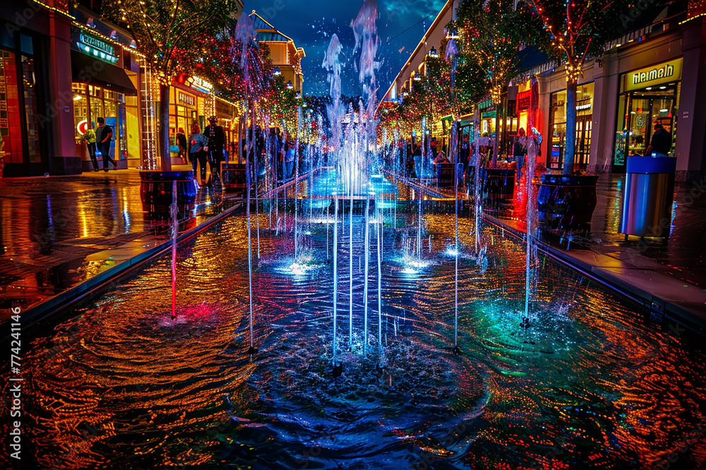 A gleaming fountain amid bustling shoppers, adorned with colorful lights.