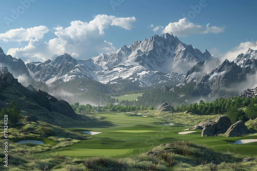 A golf course surrounded by majestic mountains  creating a breathtaking backdrop.