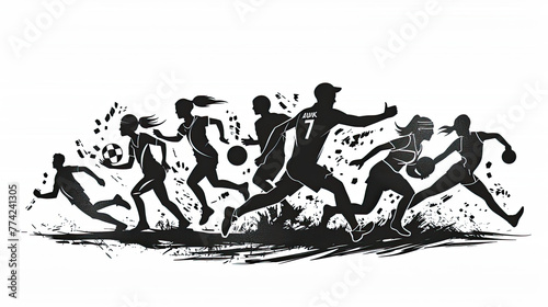 black silhouettes of Sports Athletics players for World Athletics Day and Sports day, Banner template for national sports day football, basketball, tennis and volleyball background.  photo