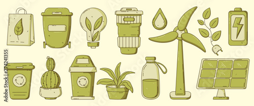 A collection of hand-drawn, monochrome icons representing sustainability and environmentally friendly practices. Set includes symbols for recycling, renewable energy, and eco-conscious living.