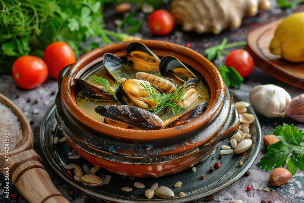 Tasty mussel soup or mussel in a plate on a beautiful background with elements of vegetables