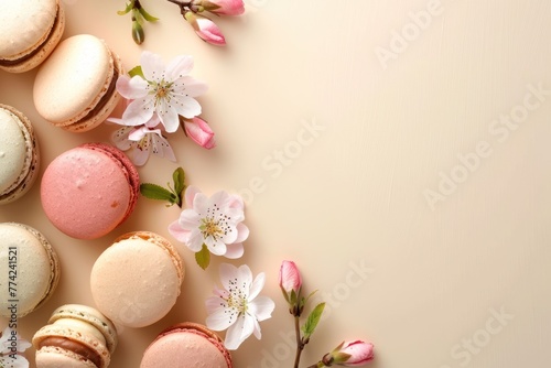 Tasty macarons with flowers on light background with empty space