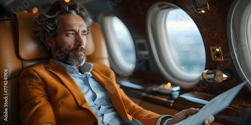 Business executive reviewing financial papers with a focused demeanor in a private jet against city views. Concept Business, Executive, Financial Papers, Private Jet, City Views © Anastasiia
