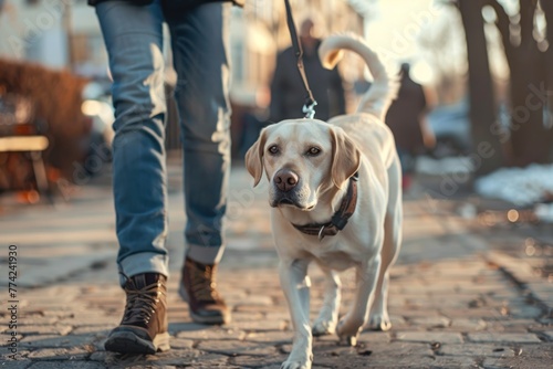 the dog walks on a leash with the owner during a walk in the city