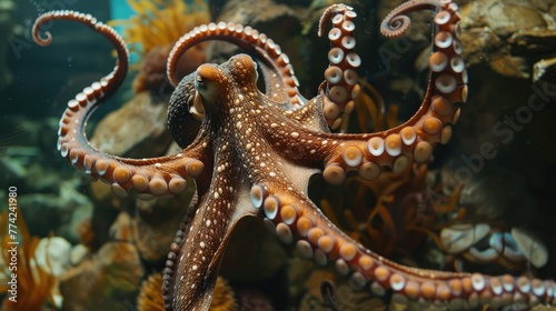 Explore the ocean's depth in a prompt highlighting an octopus in its natural habitat © lara