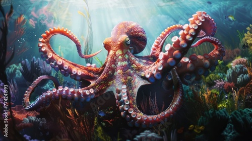 Explore the ocean's depth in a prompt highlighting an octopus in its natural habitat © lara