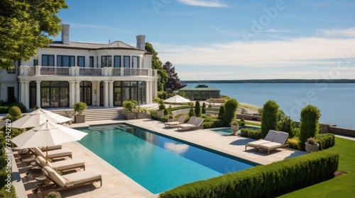 Mediterranean inspired villa with a sprawling garden and a private beach access in the exclusive Hamptons, New York