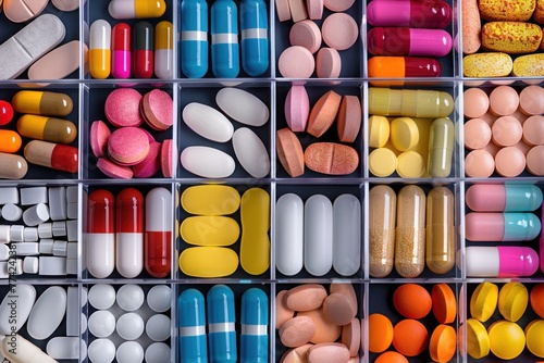 Top view of various pills and a bunch of medical capsules in a pillbox with square compartments