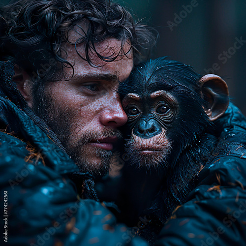 retrato de Ilustração fotográfica mostrando reciprocidade amorosa de um ser humano e um animal. Homemr e macaco se abraçando.  photo