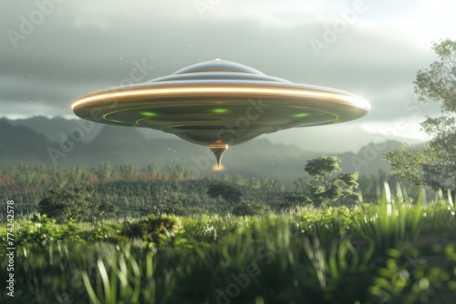 UFO flying over a green glade  extraterrestrial civilization