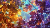 Gemstone leaves amethyst maples, quartz oaks, and topaz birches casting colorful, metallic glints as sunlight filters through them, kaleidoscope of hues style created with Generative AI Technology