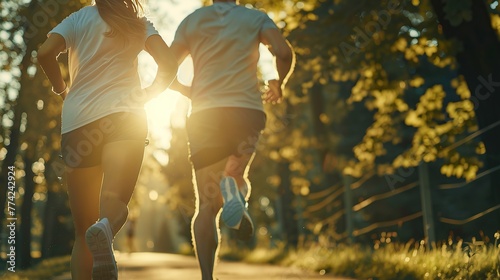 closeup Running in park at morning time. Cheerful husband and wife competing together and jogging on fresh air. Active people wearing sport clothes doing cardio for good health and staying fit. photo