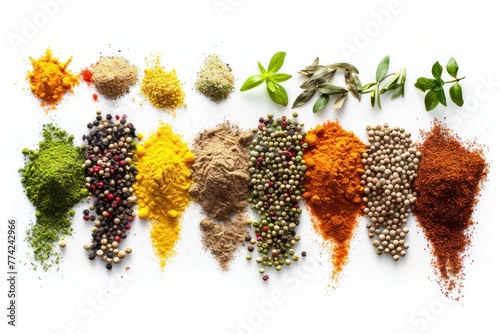 Various colorful spices and herbs are arranged in a neat row on a white background