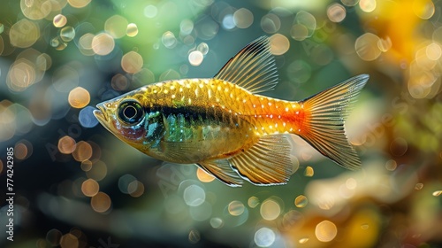  A tight shot of a fish in an aquarium with softly blurred lights in the backdrop and a diffused background