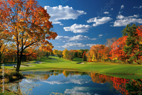 A panoramic view of the golf course with vibrant fall foliage.