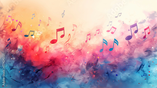 Colorful musical notes on abstract watercolor background
