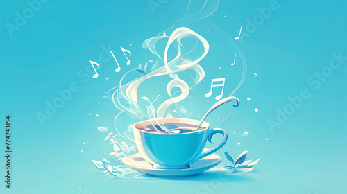 Cup of tea and music notes on blue background. 3D rendering