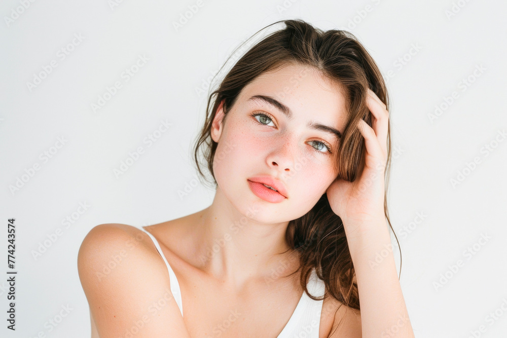 Naklejka premium Tranquil Portrait of a Freckled Young Woman with Red Hair and Blue Eyes, Soft Lighting, Serene Expression