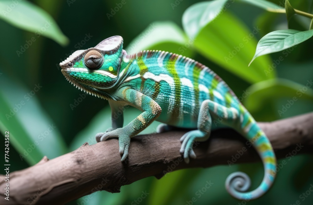 Fototapeta premium A chameleon sits on a branch surrounded by leaves. Chameleon in the wild. Close-up