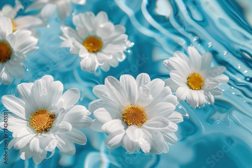 White daisy flowers floating on the blue water surface