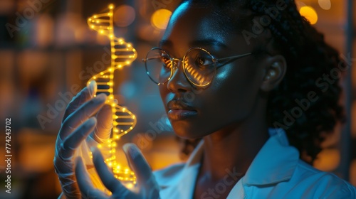 An african-amerinca black female scientist doctor, holding a glowing DNA helix on her hands